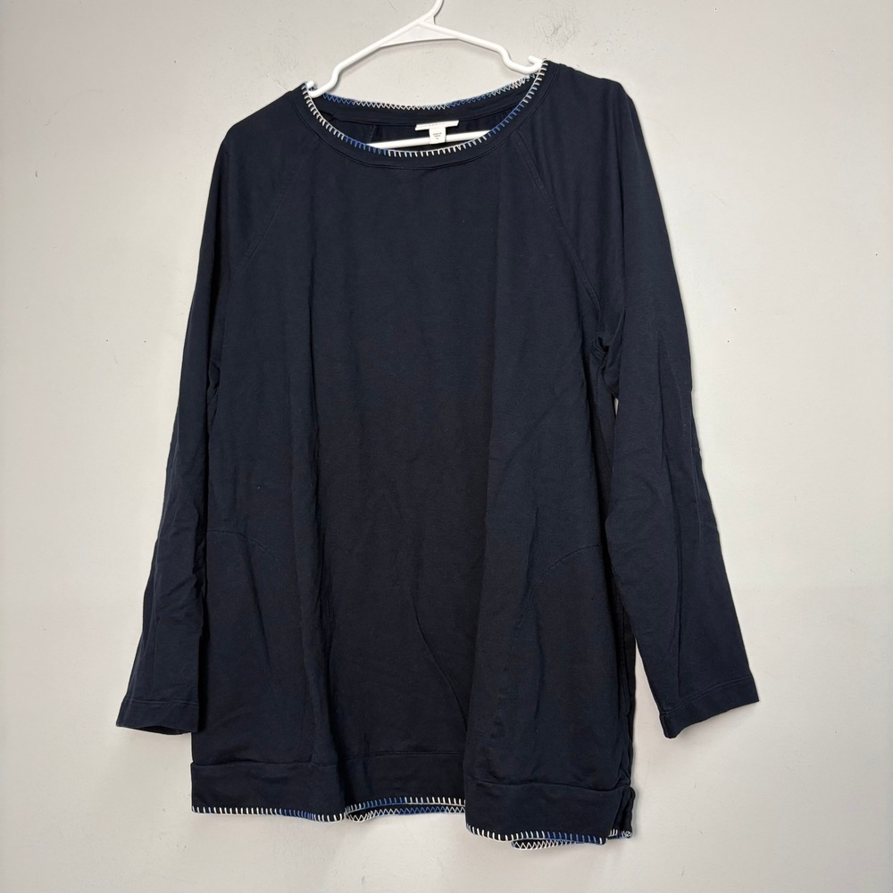 J. Jill Fit Navy Blue Cotton Tencel Modal Blanket Stitch Pullover Top XL